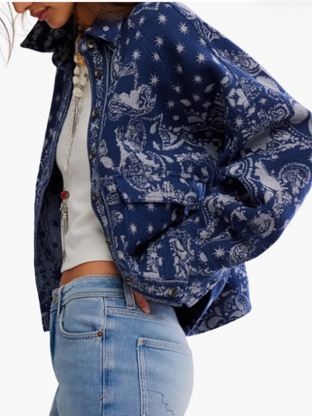 We The Free Bandana Jacquard Shirt Jacket in Indigo Blue Sz M NWT $198R - Picture 4 of 11
